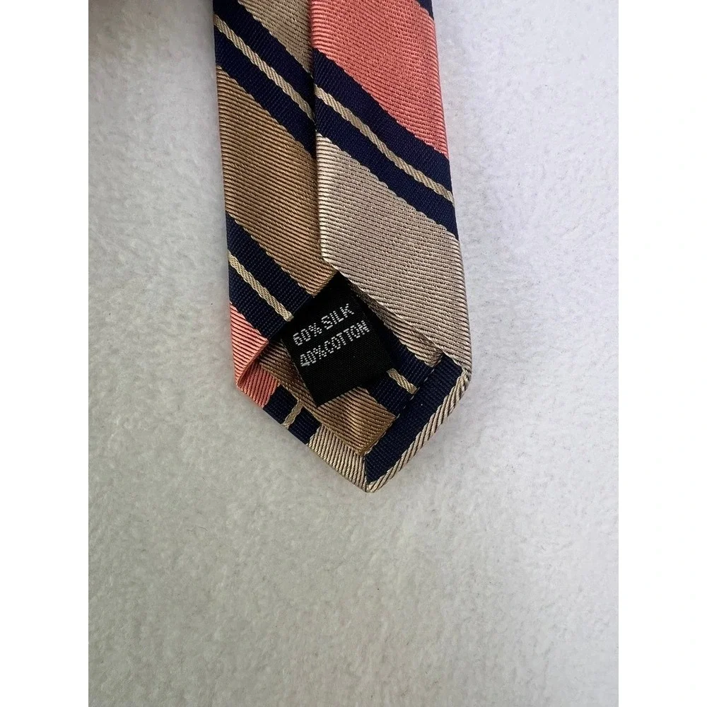 Ike‎ Behar Necktie Mens OS Gold Orange Navy Blue Striped Silk Cotton Blend Tie